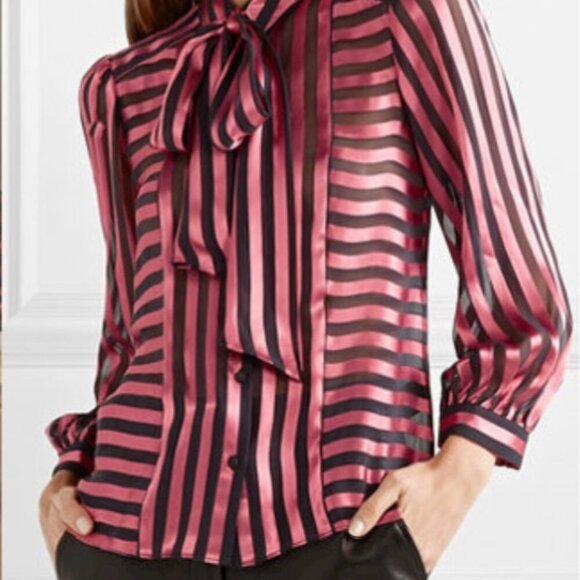 Alice + Olivia Tops - Alice + Olivia Pink and Black Striped Long Sleeve Collared Blouse w Bow Sz XS